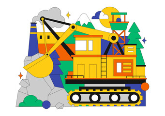 Mining Company Vector Illustration Featuring Heavy Yellow Dumper Trucks for Industrial Sand Mining Transportation Process on Flat Background © denayune