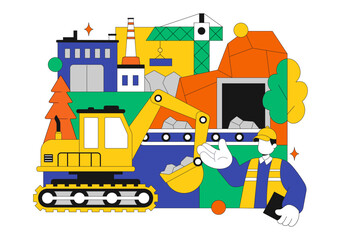 Mining Company Vector Illustration Featuring Heavy Yellow Dumper Trucks for Industrial Sand Mining Transportation Process on Flat Background © denayune