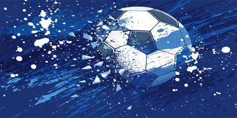 A vector illustration of a round soccer ball sphere on an abstract blue background with water drops and bubbles symbolizing a professional sports championship game competition