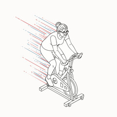 Fototapeta premium Woman in glasses cycling intensely on stationary bike, motion blur effect, isometric view, fitness and exercise concept