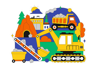 Mining Company Vector Illustration Featuring Heavy Yellow Dumper Trucks for Industrial Sand Mining Transportation Process on Flat Background © denayune