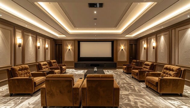Luxurious Home Theater Room with Plush Seating and Large Screen.
