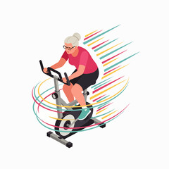 Fototapeta premium Active senior woman cycling on stationary bike with speed lines and motion blur, representing fitness and healthy lifestyle