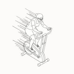 Obraz premium Woman exercising vigorously on an elliptical machine, showing speed and motion with dynamic lines in a simple line art style.