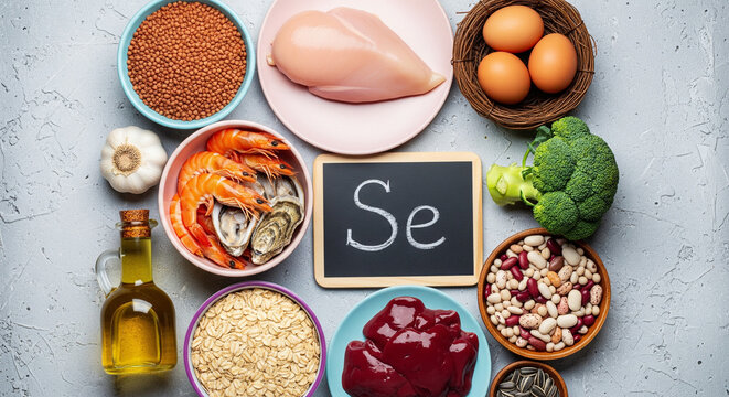 Healthy foods rich in selenium arranged around a blackboard with the chemical symbol Se