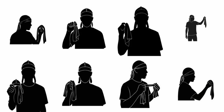 Vector silhouettes of a man in a durag holding a sweat towel, depicting post-workout or headwear preparation poses.