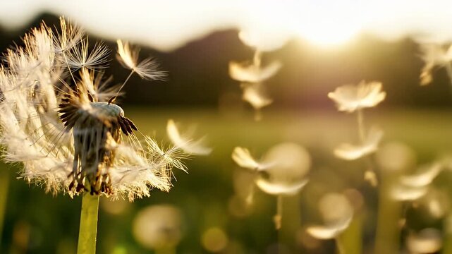 A bee collects nectar from a dandelion in a serene meadow at sunrise from a close-up viewpoint