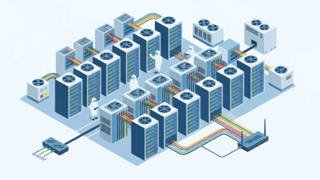 Isometric illustration of a data center with multiple server racks and networking infrastructure.