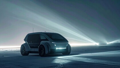 Naklejka premium Futuristic Autonomous Electric Vehicle Driving Through Foggy Night.