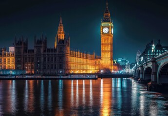 Fototapeta premium Stunning Night View of the Iconic Big Ben and Parliament Building Reflections on the River Thames in London