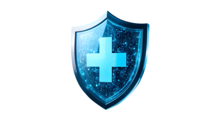 A blue shield with a medical cross on a black background