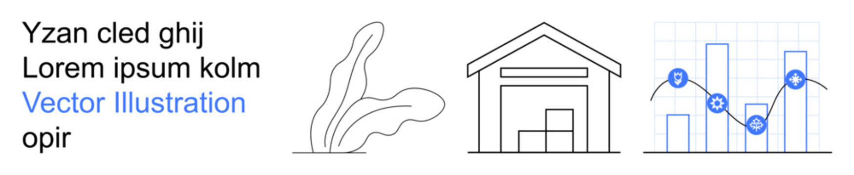 Logistics, nature, business analytics, data visualization, sustainability, warehouse management. Minimalist elements include a warehouse, plant and data chart. Logistics and business analytics