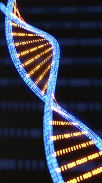 Vertical video of a digital DNA helix structure with binary code data stream. 3D Render
