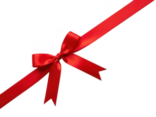 Vibrant red satin ribbon tied in a neat bow diagonally across a clean transparent background, perfect for gift wrapping and celebration