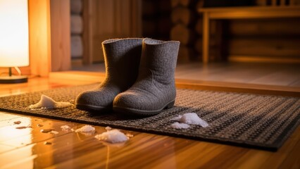 Cozy winter cabin interior with warm lighting and snow boots on a decorative mat near wooden floors
