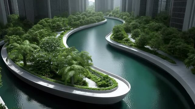 Urban Oasis: Ecological River Landscape Surrounded by High-rise Buildings