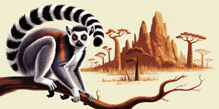 Ring tailed lemur on tree branch in Madagascar savanna landscape with baobab trees and rocky cliffs, wildlife illustration
