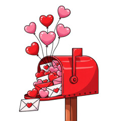 Valentines day red mailbox with love letters and heart balloons isolated on transparent background