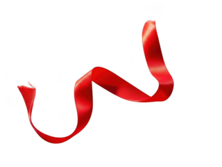 Curled flowing red satin ribbon element isolated on transparent background for design and decoration projects
