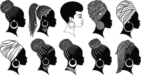 African woman hairstyle silhouette vector set showing braids, buns, headwraps and cultural beauty portraits for fashion and identity design projects. © Rabbi creatives