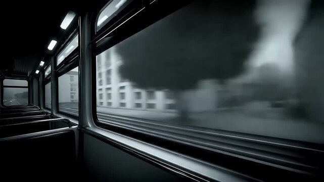 Train speeding through the city in the fog