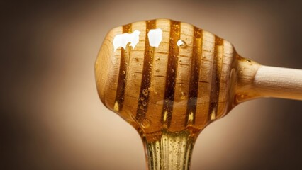 Artistic shot of honey flowing from a wooden wand with soft focus and warm studio lighting