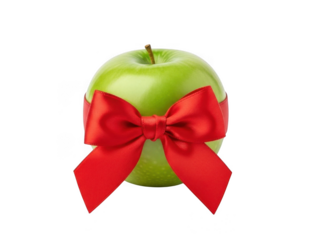 Shiny green apple with a bright red satin bow tied around its center, isolated on transparent background for a gift or healthy concept