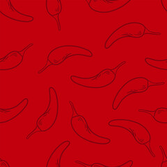 Red Chili Line Doodle Seamless Pattern. Hand drawn Chili Illustration Isolated on Red Background. Chili Pattern Background.