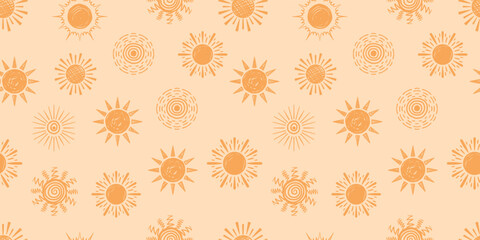 Boho Sun Seamless Pattern. Doodle Sunburst Pattern Background. Hand drawn Sun Collection.