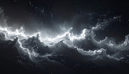 Ethereal waves cresting, glowing white against a dark backdrop, evoking a sense of mystery and cosmic power