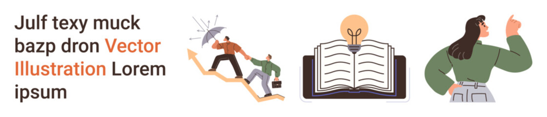 Leadership, teamwork, learning, knowledge sharing, organizational growth, achievement. Figures climbing a graph, an open book with a lightbulb and a confident individual. Leadership and teamwork