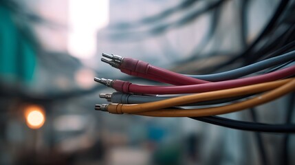 Close up of colorful electrical cords and connectors against a blurred urban background