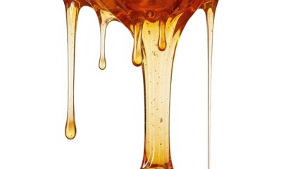 Close up of multiple thick golden honey drips falling from an edge isolated on a bright white background