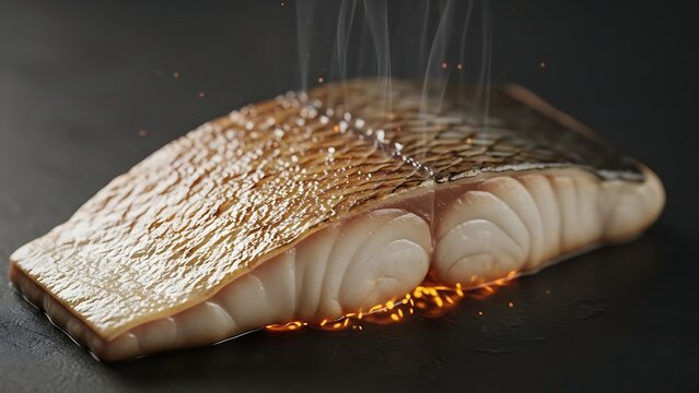 Piece of fish on black surface with fire coming out of it.