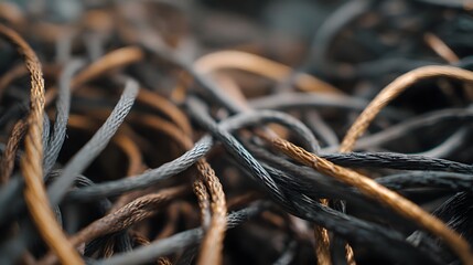 ro view of tangled metallic wires and cables with intricate braided textures creating an abstract complex pattern