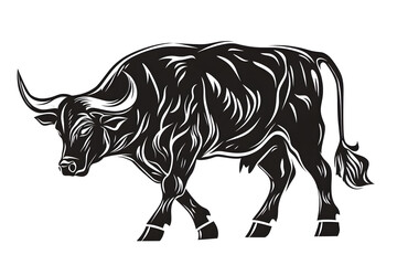 Power and Strength: A majestic bull, a symbol of power and strength, strides confidently forward. Depicted in a striking graphic.