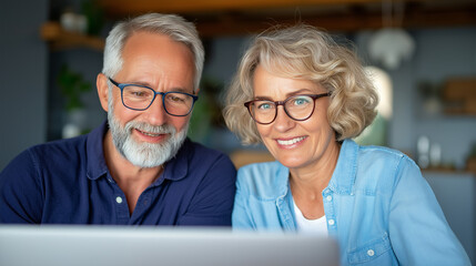 Smiling mature couple in glasses working on computer. Suitable for technology, senior lifestyle, online communication, digital learning concepts.