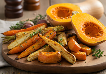 Roasted colorful root vegetables on wooden board