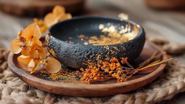 Wabi sabi black gold stoneware with dried flowers