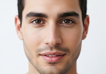 Fototapeta premium Closeup portrait of a young man with short dark hair and a light stubble beard, looking directly at the camera with a neutral expression