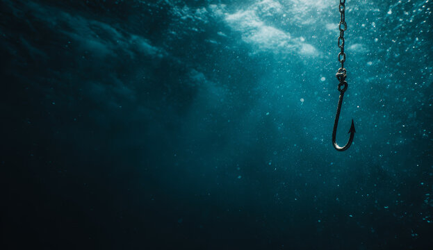 Fishing hook hanging underwater with textured metal surface and chain game hero, symbolizing fishing and aquatic activities