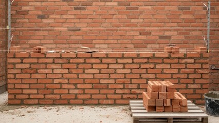 Half-built red brick wall with construction tools and material on scaffold in outdoor setting
