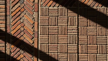 Intricate brick pattern with crosshatched and basketweave designs highlighted by sunlight and shadow