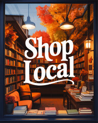 Cozy autumn bookstore window display with Shop Local typography, warm reading nook, bookshelves and fall foliage illustration