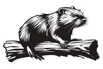Rodent on Log: A detailed illustration captures the essence of a rodent perched atop a textured log, creating a stark contrast in a monochromatic composition. 