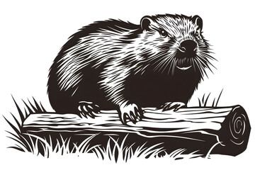 Intrigued Beaver on Timber:  A beaver, with its characteristic large incisors and sturdy build, sits perched upon a log, staring intensely.