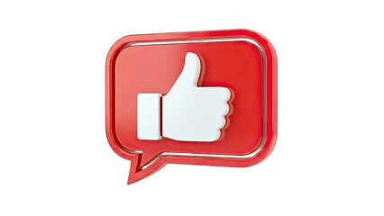 3D Red speech bubble with white thumbs up icon on transparent background
