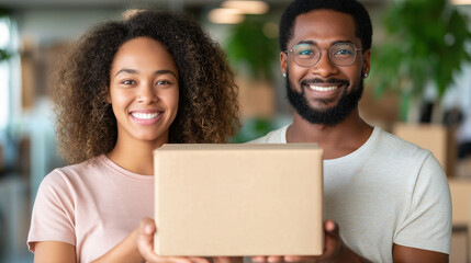 Happy couple holding box suitable for gifting, moving, or surprise themes in print or digital media, promoting happiness and togetherness.