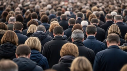 Diverse group of people gathered outdoors wearing dark clothing at event