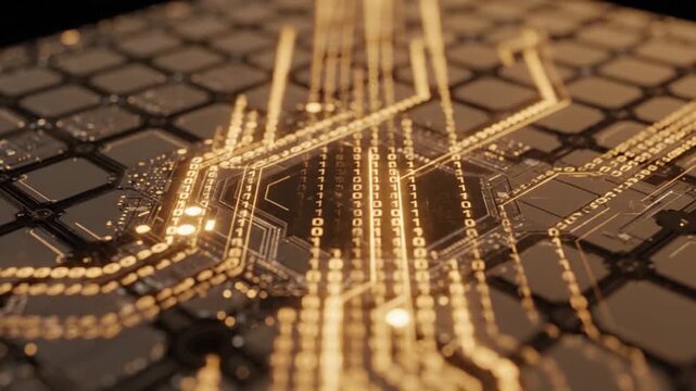 Abstract Digital Circuit Board with Glowing Data Flow and Microchips.